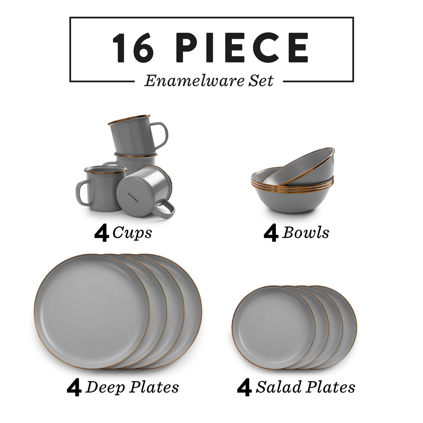 BAREBONES Enamel Camping Tableware Set Plate Bowl Mug Stainless Steel 16pcs