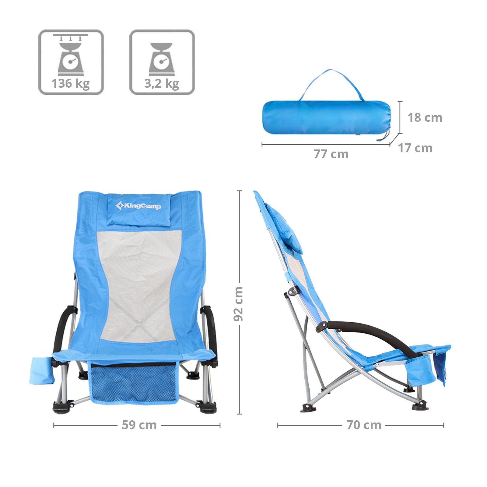 KINGCAMP Beach Lounger Chair High Back Camping Folding Chair Low 136 kg