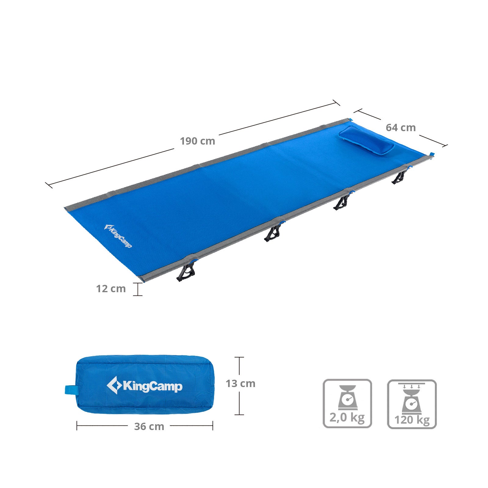 KINGCAMP Alu Field Bed XL Lit pliant d'extérieur à clic Chaise longue de camping légère 190 x 64 cm