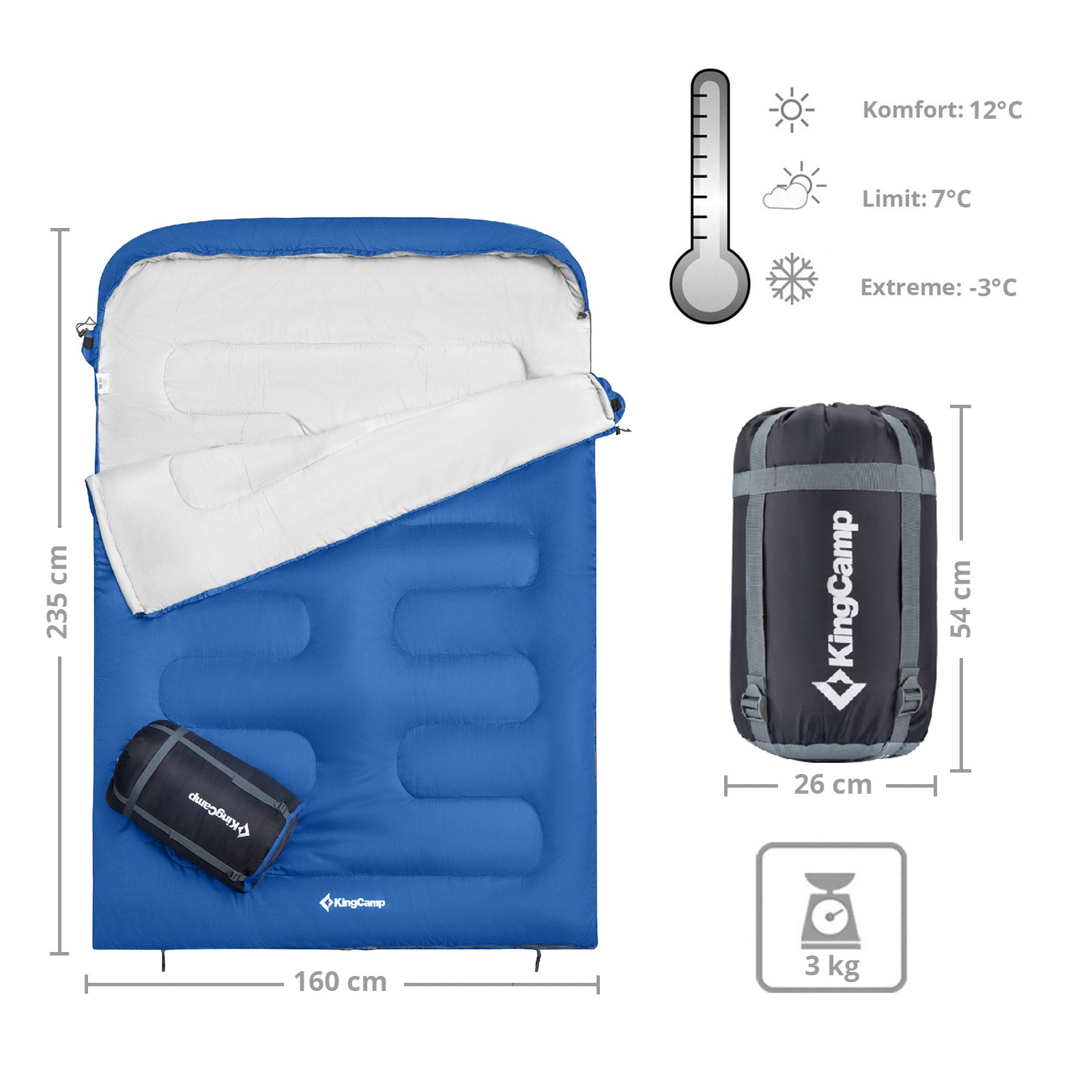Sac de couchage double couverture KINGCAMP Oasis 250 XL 2 personnes, 2,35 m de long -3