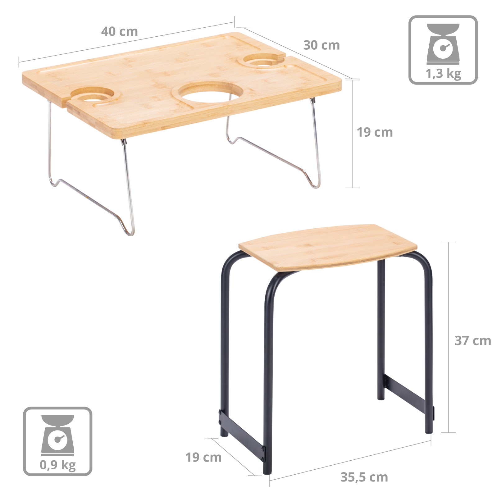 Ensemble table de pique-nique PICKNICO + tabouret, sac à dos, sac isotherme, camping, aluminium, bambou et bois