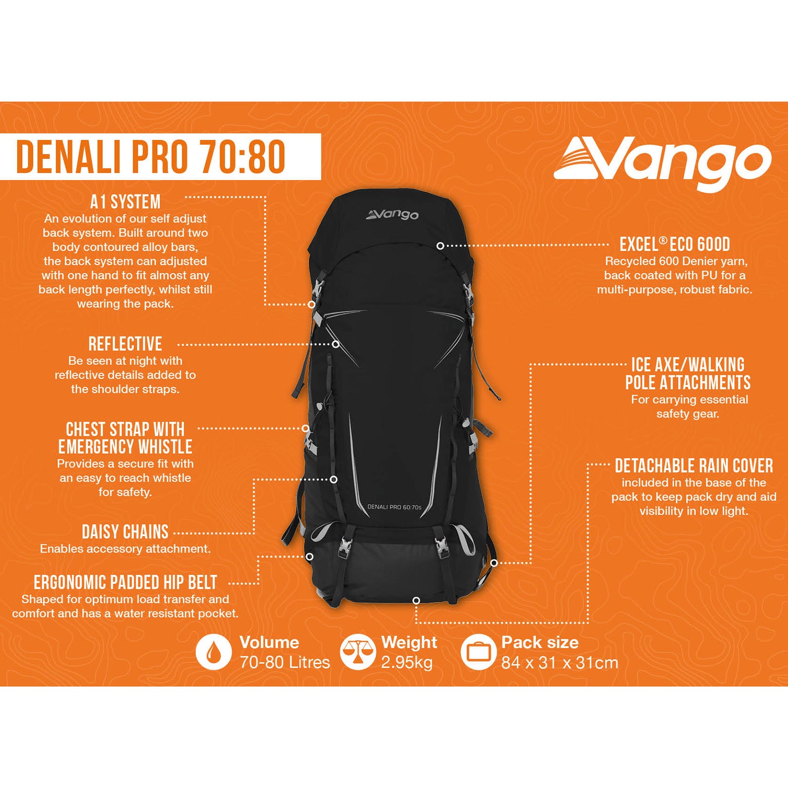 VANGO Trekking Backpack Denali Pro 70:80 L Outdoor Hiking Backpack Rain Cover