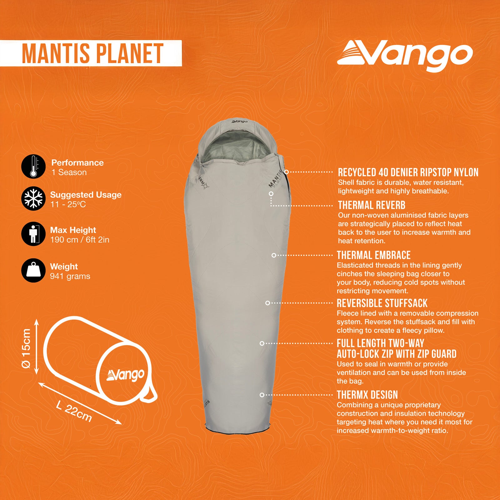VANGO Mumienschlafsack Mantis Planet Sommer Trekking Schlafsack Leicht 940g