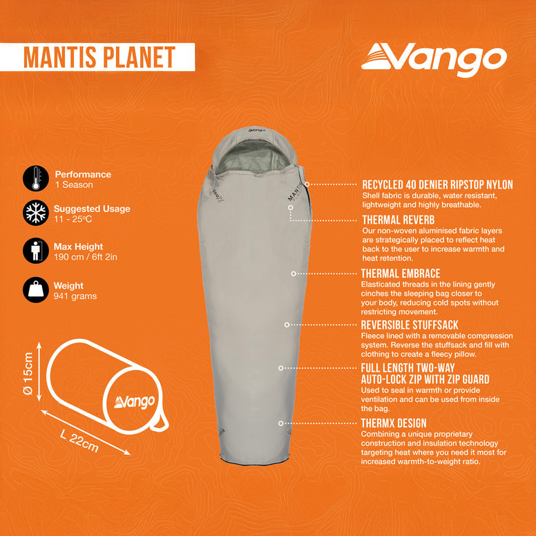 VANGO Mumienschlafsack Mantis Planet Sommer Trekking Schlafsack Leicht 940g