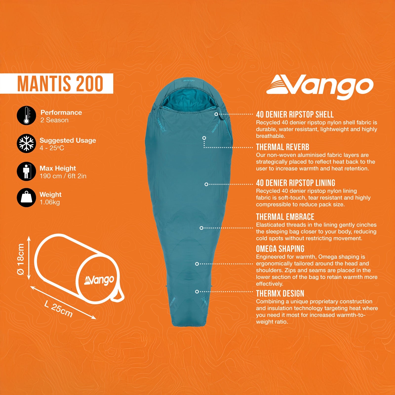 VANGO Mumienschlafsack Mantis 200 Sommer Herbst Trekking Schlafsack Leicht 1 kg