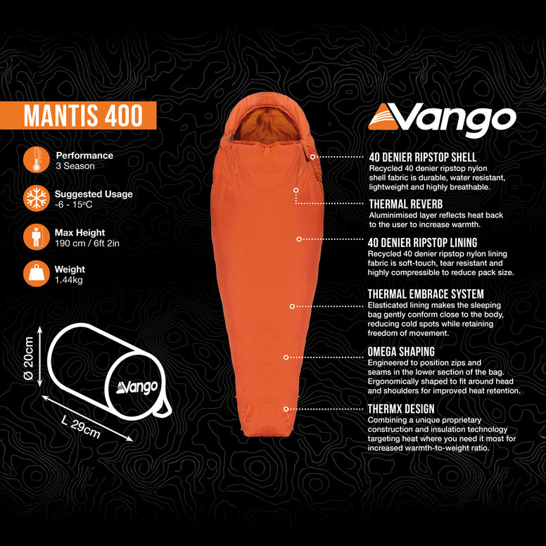 VANGO Mumienschlafsack Mantis 400 Winter Trekking Schlafsack Leicht 1,44 kg