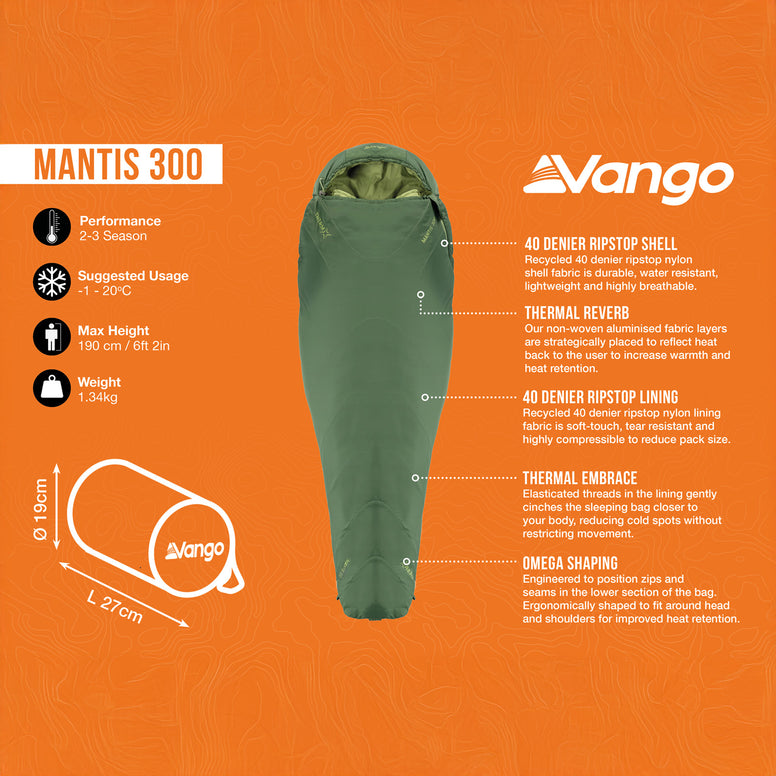 VANGO Mumienschlafsack Mantis 300 Sommer Herbst Trekking Schlafsack Leicht 1,3kg