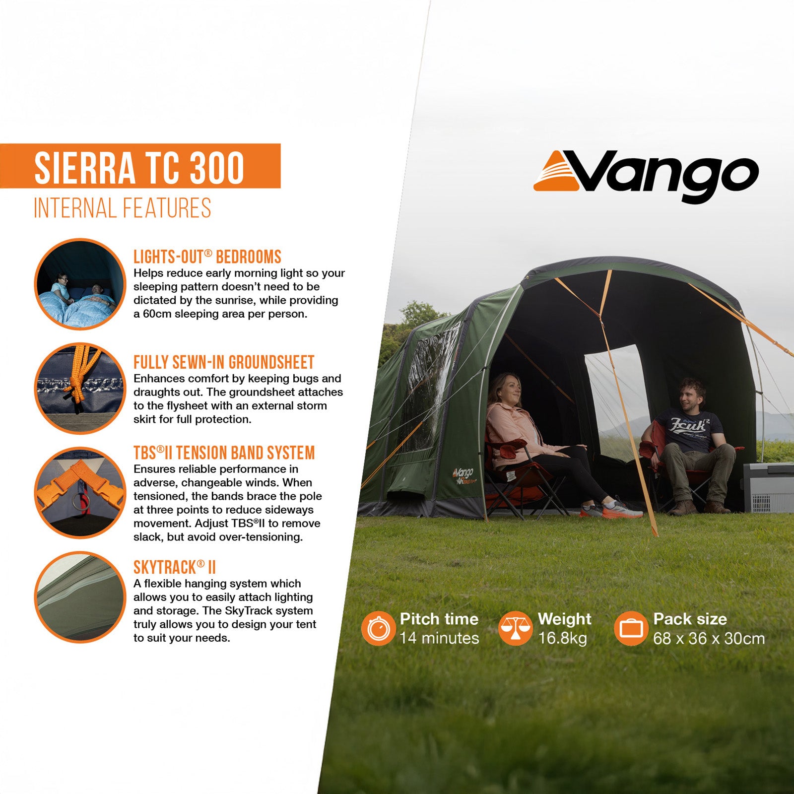 VANGO Familienzelt Sierra 300 TC Camping Gruppen Zelt 3 Personen Zelt Baumwolle