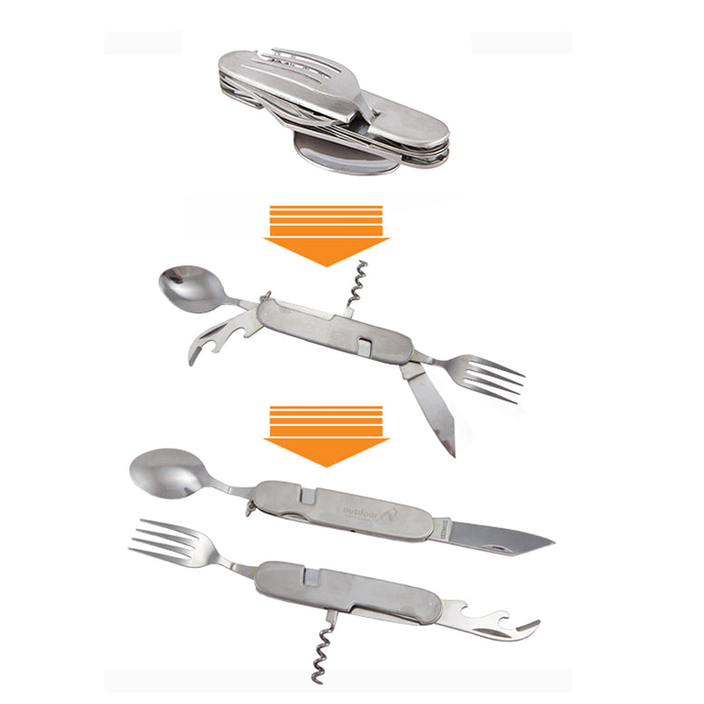 Ensemble de couverts de voyage 6 en 1 pour l'extérieur - Couverts de camping pliables en acier inoxydable